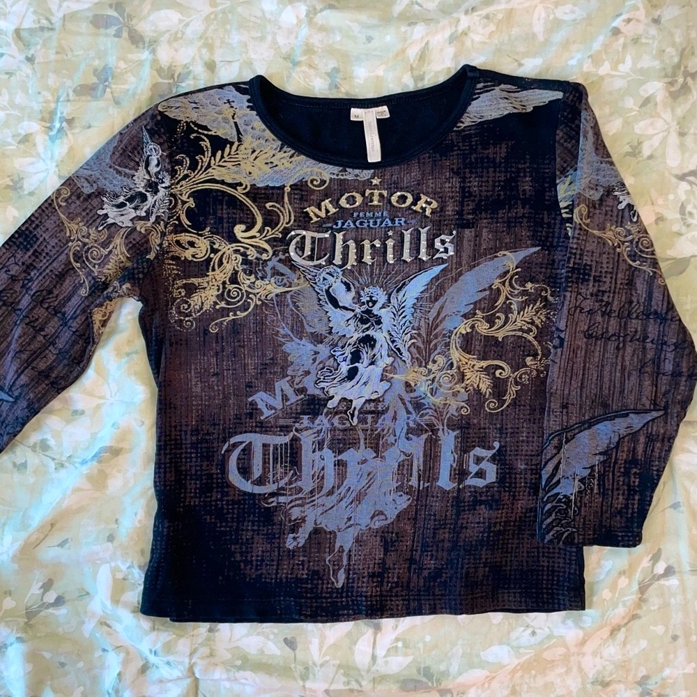 Susan Lawrence “Motor Thrills” Bedazzled Rhinestone Black Long Sleeve Tee Size M